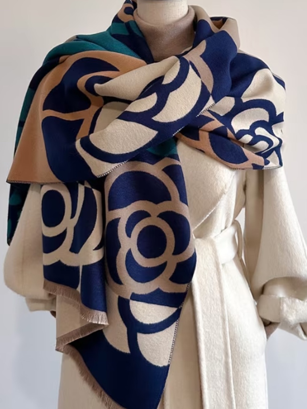 Blue Floral Pattern Women's Wrap Scarf - Unbranded